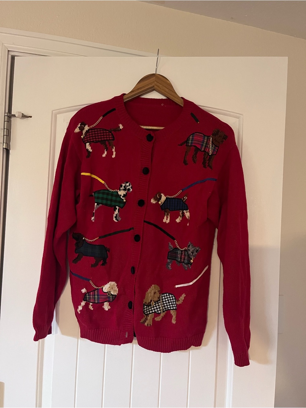 Vintage • Women’s Red Dog Walking Cardigan Sweater